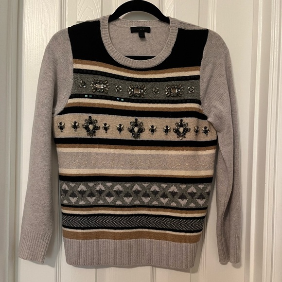 J. Crew Gray Rhinestone Crew Neck Sweater Size Small Preppy - Picture 1 of 4